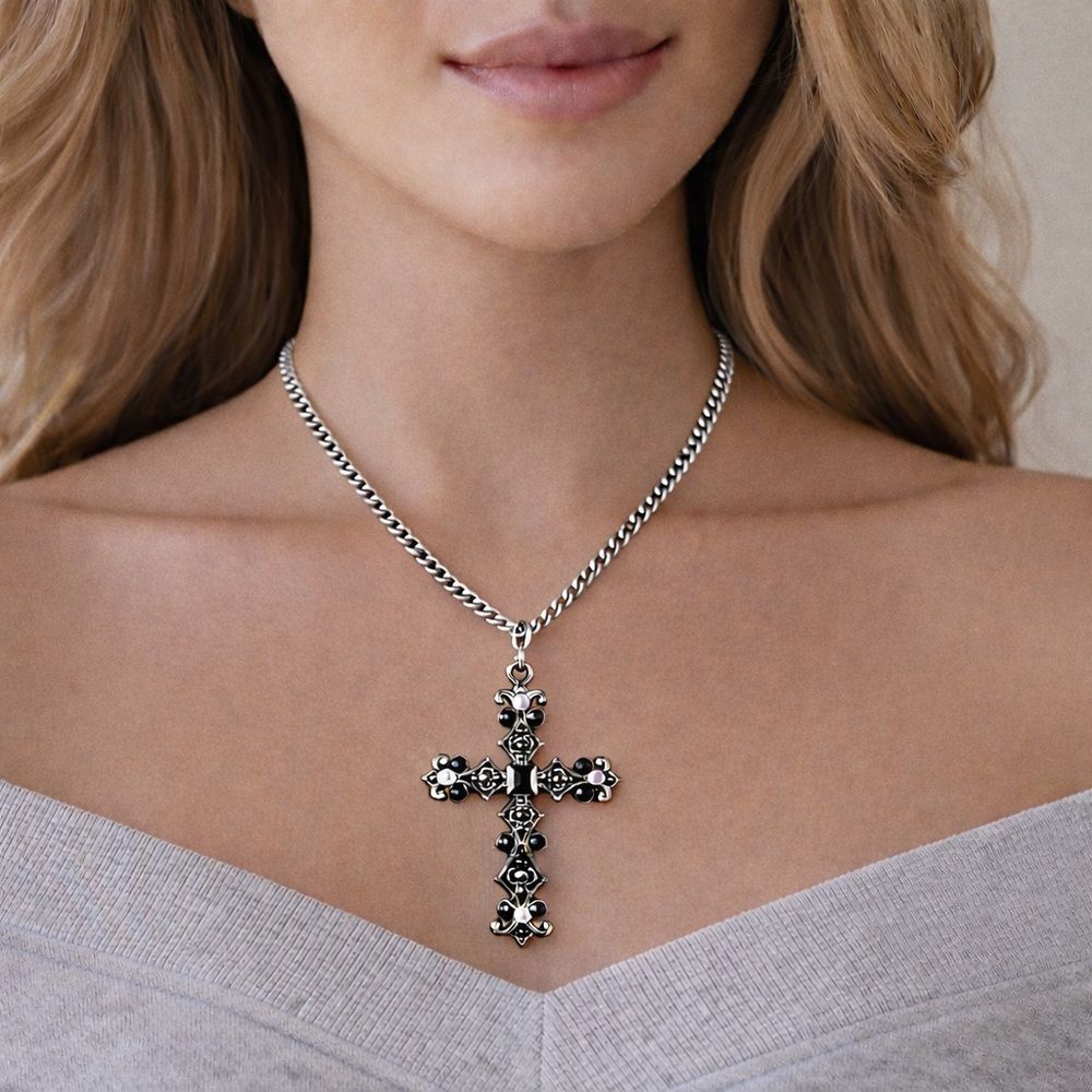 Beautiful Black Crystal Cross Pendant Necklace Silver Curb Chain 15/18”